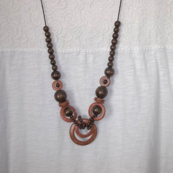 Wood Necklace, Necklace, Brown, Earring, Necklace and Earring Set Boho Set D337 - Picture 6 of 7